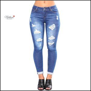 Stretch Ripped Skinny Jeans Mid Rise Ankle Length Denim Pants